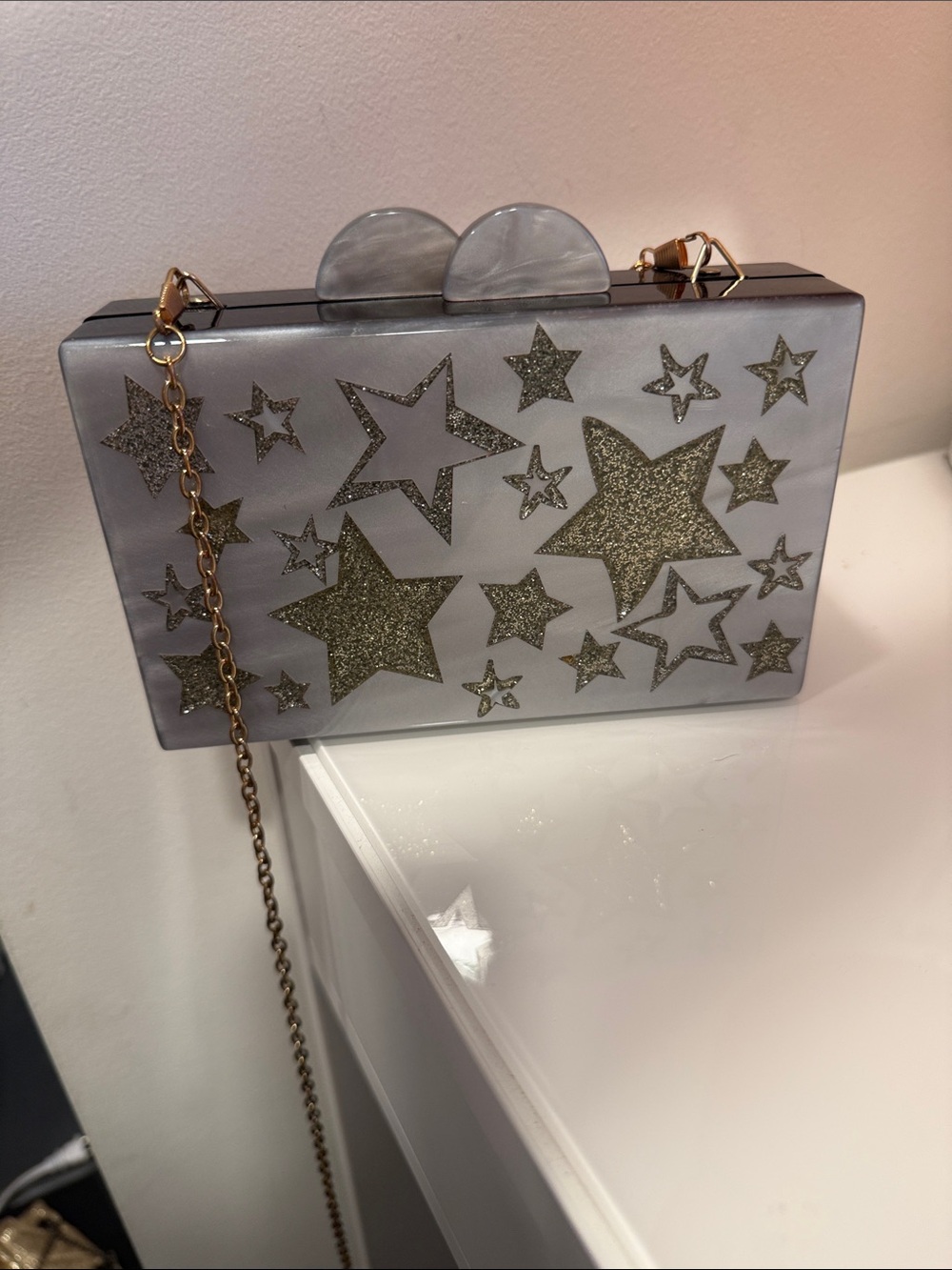 Silver Star-Accent Acrylic Box Clutch with Gold Chain